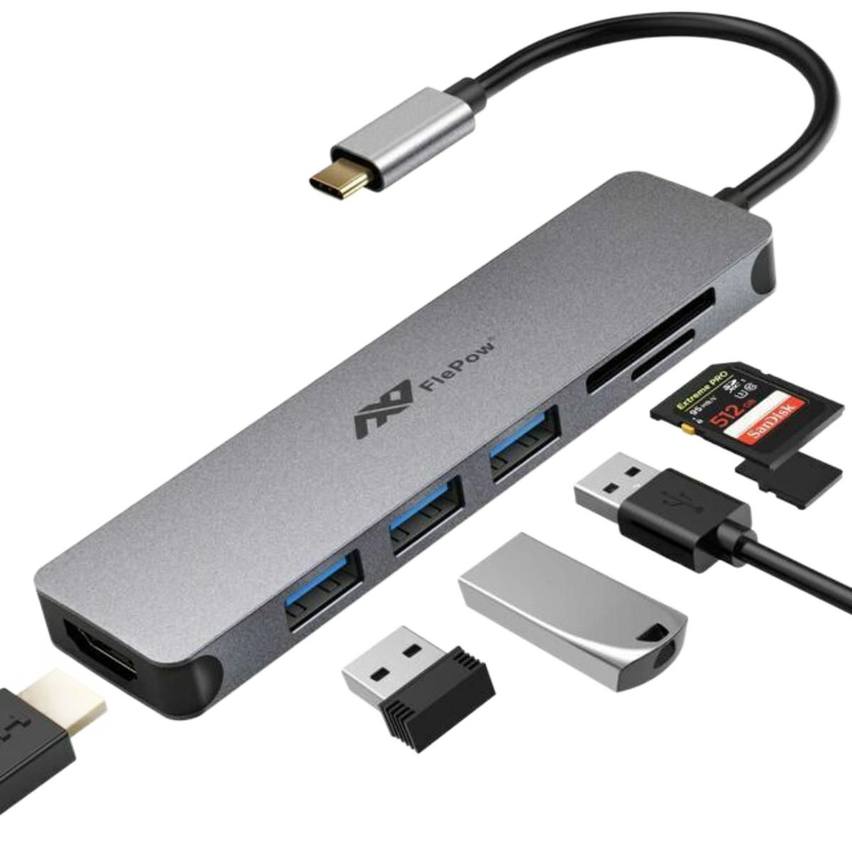 Flepow USB C Hub Multiport Adapter 4K HDMI Output, 3 USB 3.0 Ports, SD/Micro SD Card Reader for Ma Book Pro, XPS Type C Devices Model UCN 3281