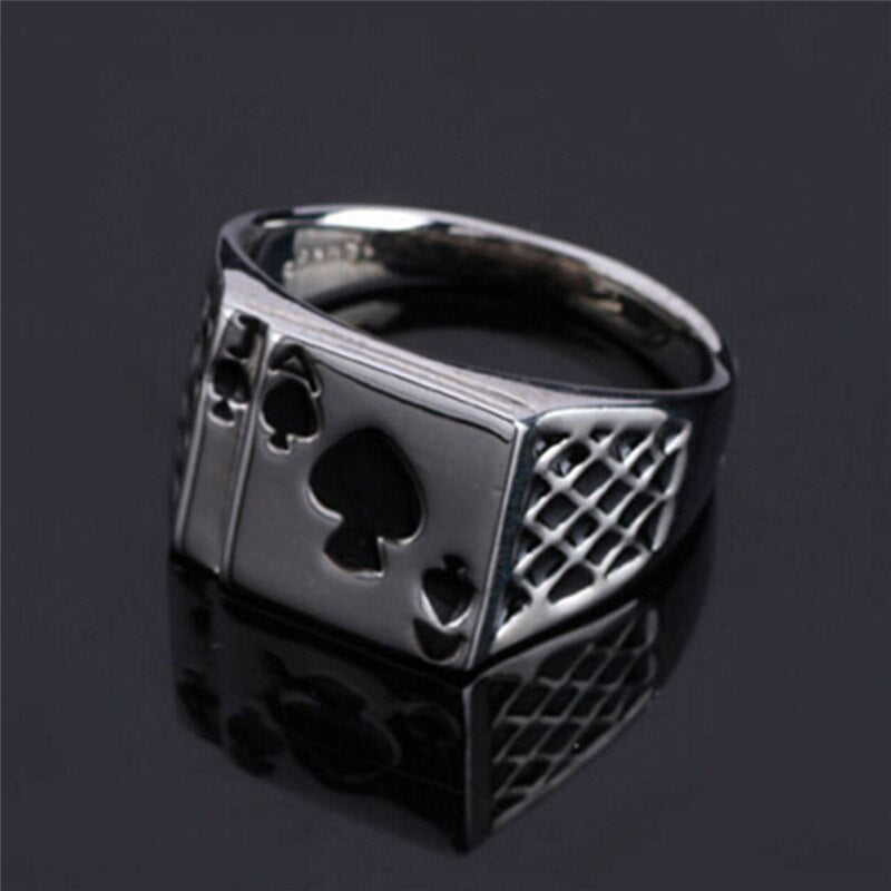Classic Cool Men's Jewelry Chunky Black Enamel Spades Ring Men Sliver Color