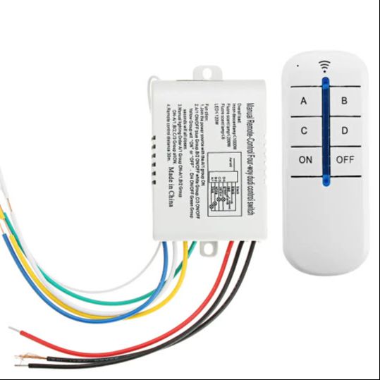 Wireless 4 Channel 220V Remote Control Switch – RF Light & Fan Controller 10A Relay with Transmitter | Home Automation Switch Kit (12V Battery Included)