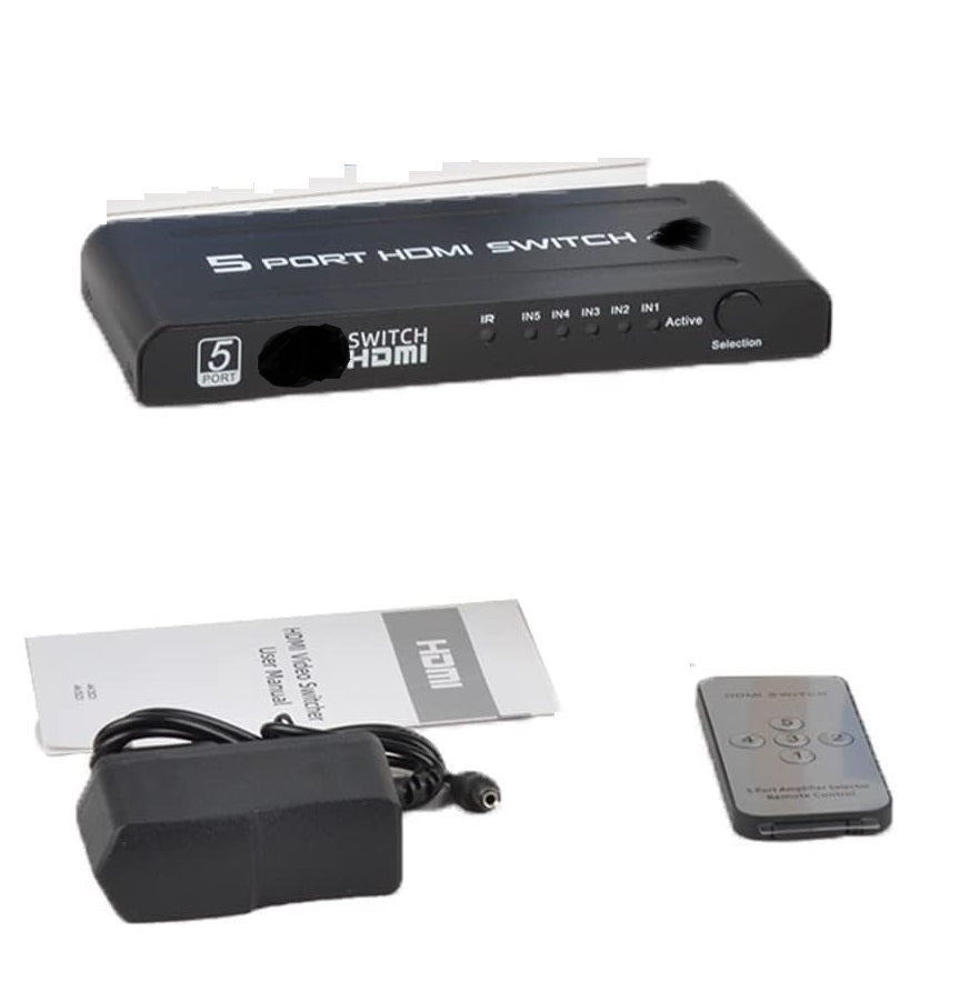 HDMI Switch 5 in 1 Out with Push Button, IR Remote & Power Adapter – 5 Port HDMI Switcher Selector Box with Amplifier, HDCP, DTS Dolby 7.1 Audio Support