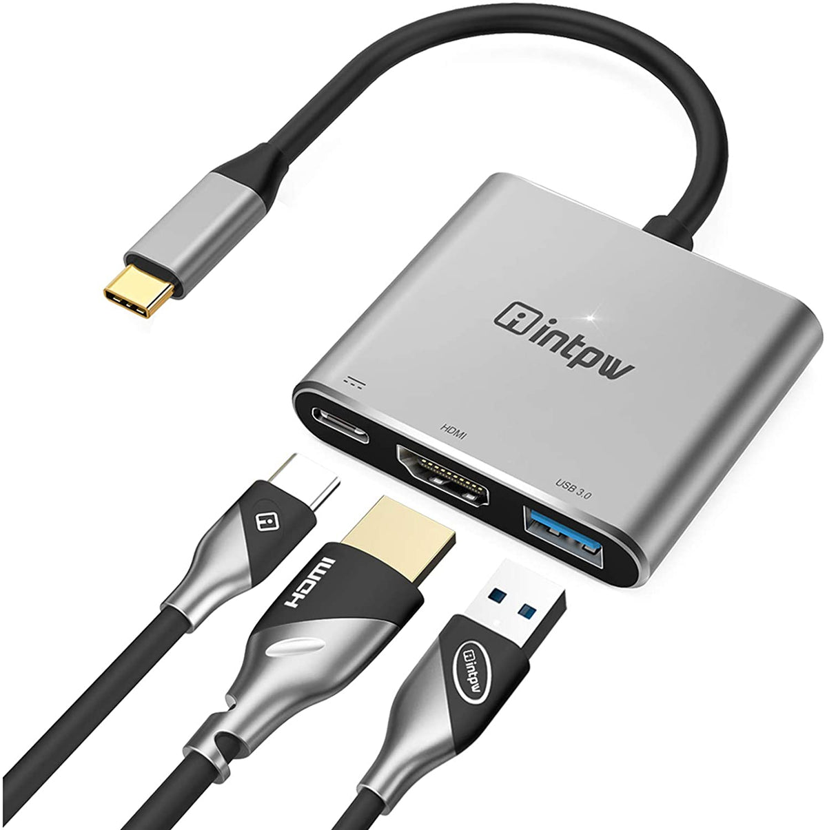 INTPW USB C to HDMI Adapter 4K for Ma Book Pro, Nintendo Switch HDMI Adapter Hub Dock with USB 3.0 Port, Type-C PD Charging Port Space Grey Model ID505