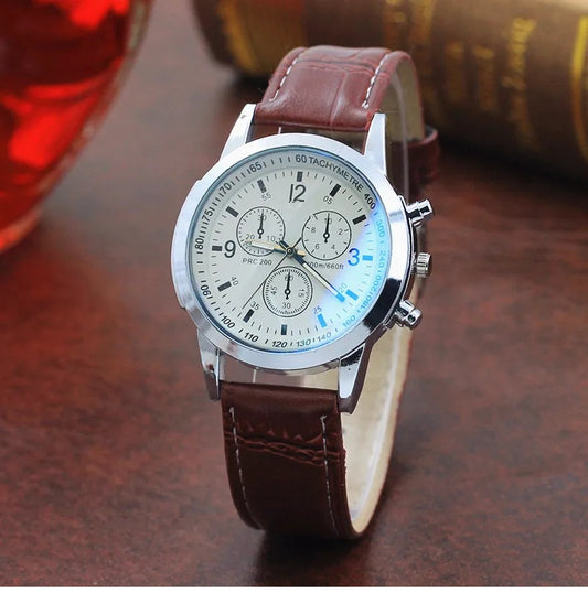 Men Quartz Watch Top Brand Fashion Featured Three Eyes Watch Quartz Men's Watch Leather Belt Men's Black White Glass Belt M