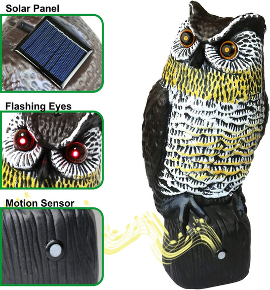 16" Solar Motion Sensor Hooting Owl Decoy – Solar Powered Bird Deterrent with Sound & Red LED Eyes, Motion Activated Fake Owl for Garden Pest Control