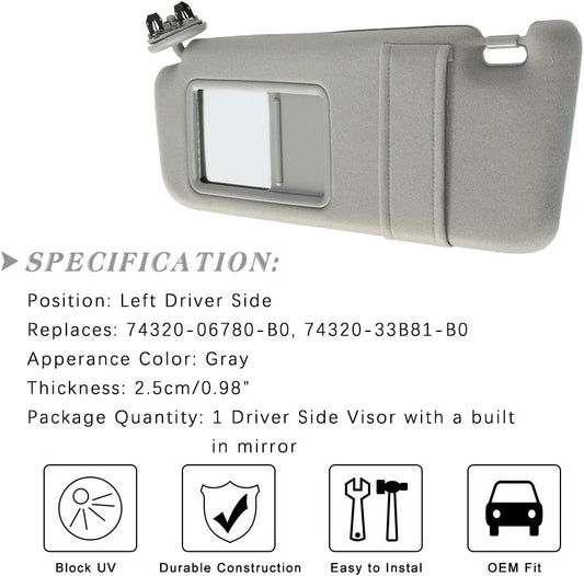 Left Driver Side Sun Visor Replacement for Toyota Camry 2007–2011 | Beige Sunshade Without Sunroof | Camry Hybrid Compatible