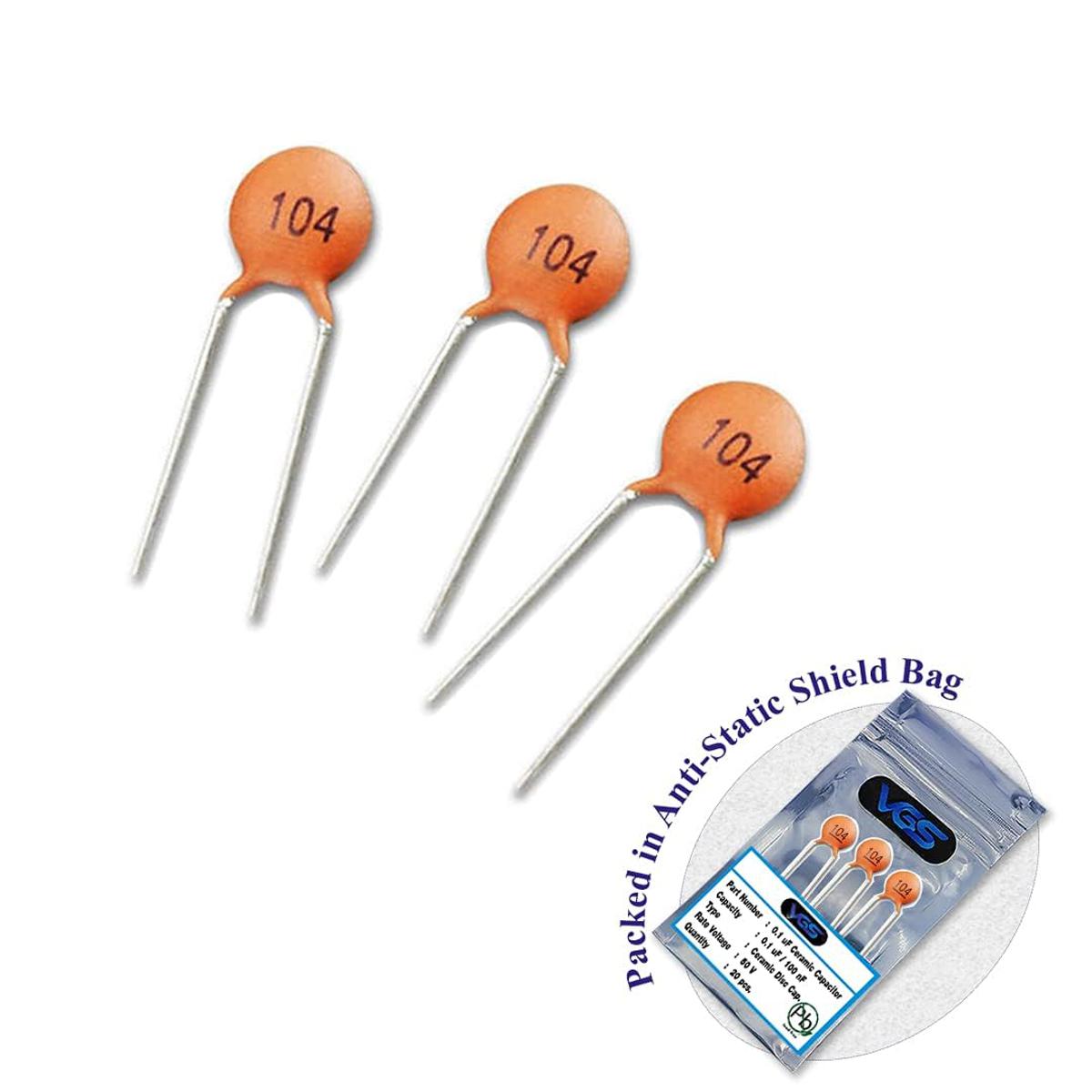 250pices 104 50V CERAMIC Capacitor Mini Ceramic Capacitor 100nF 50V 104 Ceramic Disc Capacitor Non-Polarized Through Hole 2 Pin Leads Connections Leg