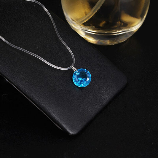 Zircon Sky Blue Pendant Necklace – 8mm Transparent Fishing Line Chain – Elegant Fashion Jewelry Gift for Women