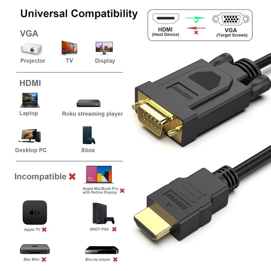 HDMI to VGA Cable 1.83 Meter (6FT) Gold-Plated Male to Male Adapter Cable for Laptop, PC, Desktop, Monitor, Projector & HDTV – Black