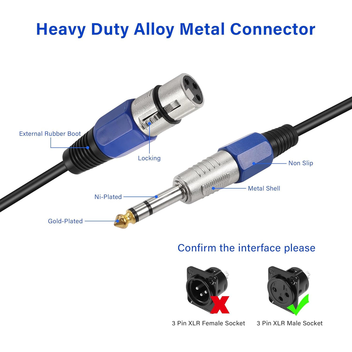 1/4" to XLR Cable,XLR 3 Pin Female to 6.35mm TRS Male Balanced Microphone Cable for Microphone, Mixer, Speaker(0.3M/1FT)