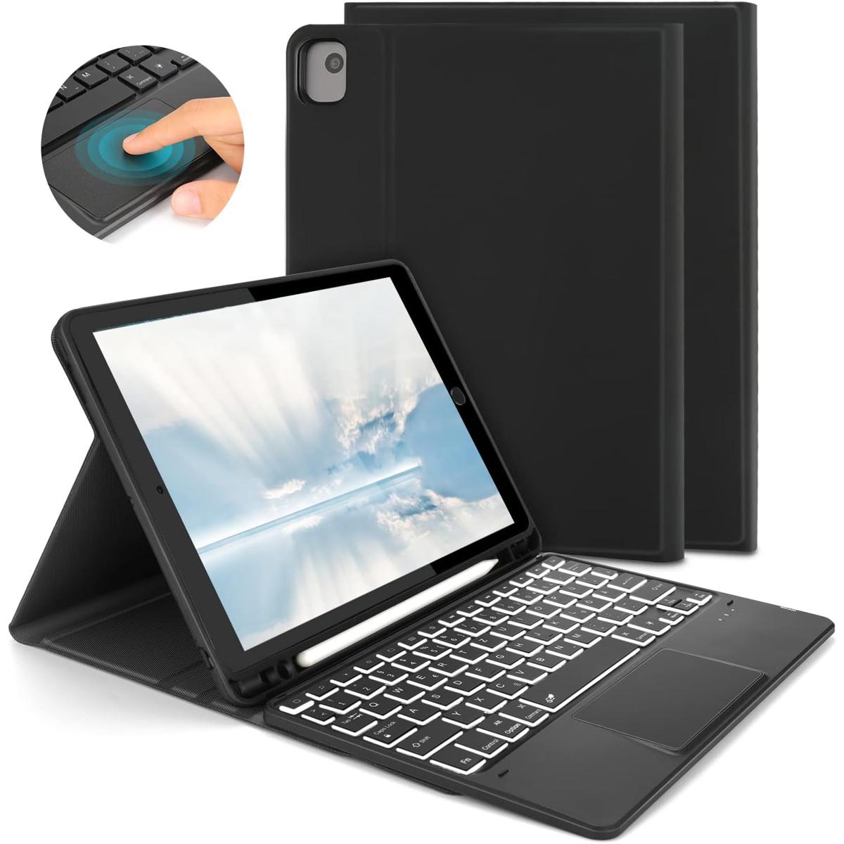 Keyboard Case with Touchpad for iPad 9 Gen/iPad 8 Gen/iPad 7 Gen (10.2 inch), iPad Air 3, iPad Pro 10.5 inch, Illuminated Removable Bluetooth Keyboard with Protective Case/Trackpad, QWERTZ, Black