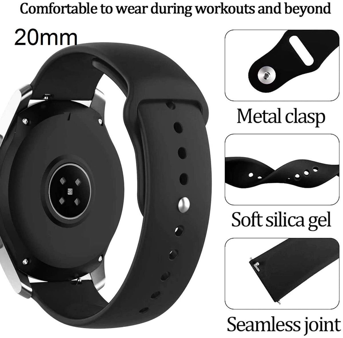 Soft Silicone Watch Band Strap & Rust Free Button Compatible With (ONLY 20mm Lugs Size) Noise X-Fit 1,Amazfit GTS 2 Mini, Amazfit Bip,Amazfit GTS,Galaxy Watch Active 2(44MM)