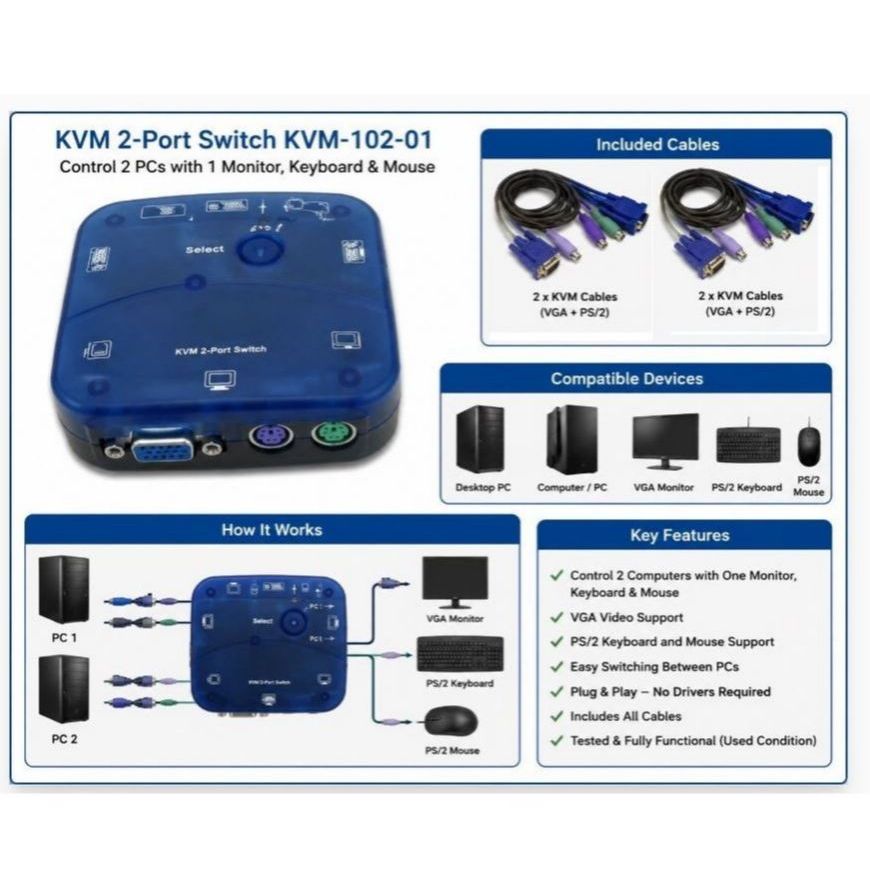 Branded Used KVM 2-Port Switch KVM-102-01 VGA PS/2 with Cables | Control 2 PCs with 1 Monitor, Keyboard & Mouse