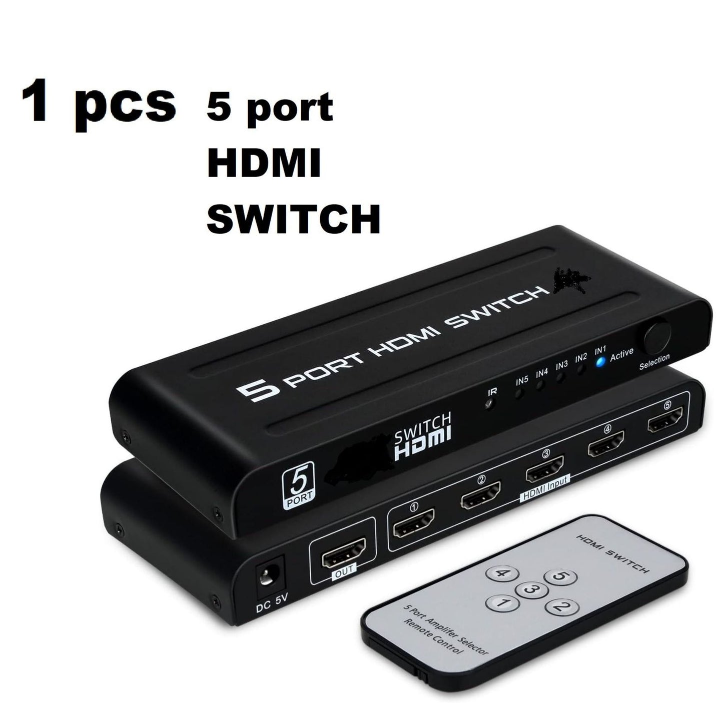 HDMI Switch Gold Plated Connector 5 in 1 Out with Push Button, IR Remote & Power Adapter – 5 Port HDMI Switcher Selector Box with Amplifier, HDCP, DTS Dolby 7.1 Audio Support