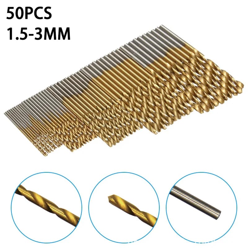 50Pc Titanium Coated Drill Bits HSS High Speed Steel Drill Bits Set Tool Multi Function Metal Drills Power Tools