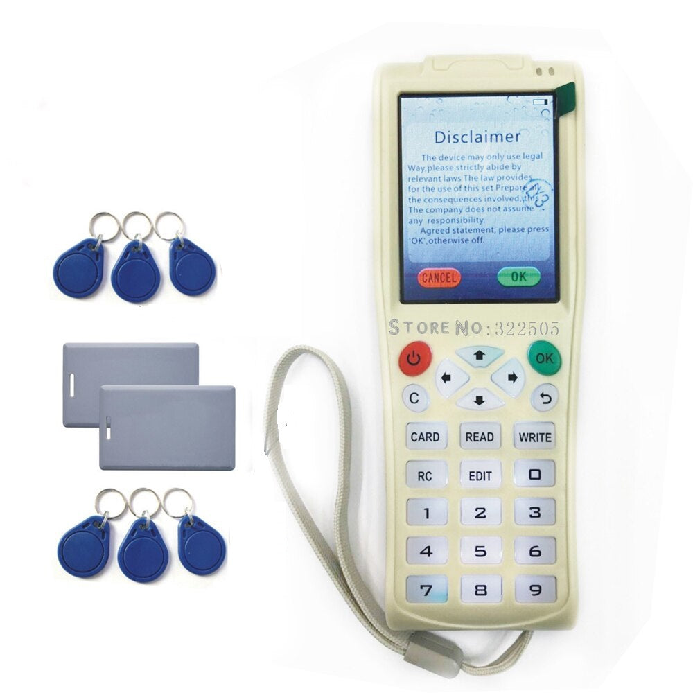 Handheld device with keypad, tags, and a screen displaying text on a white background , RFID card copier reader writer
