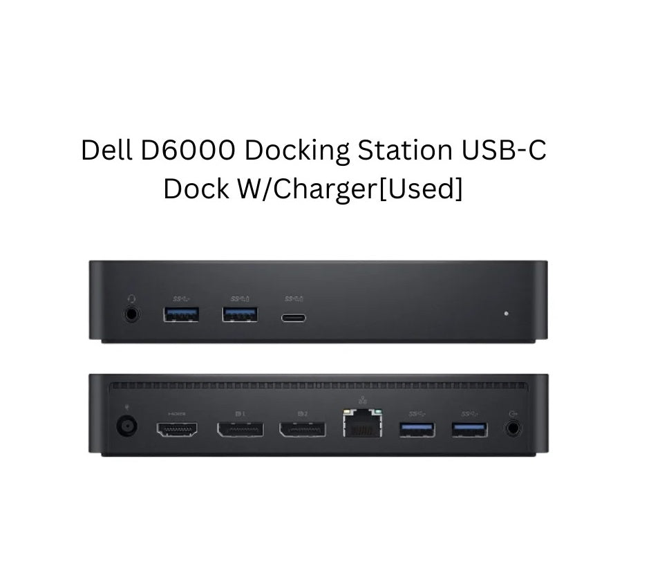 A used Dell D6000 docking station USB-C dock with charger, shown from the front and back against a white background with text overlay.