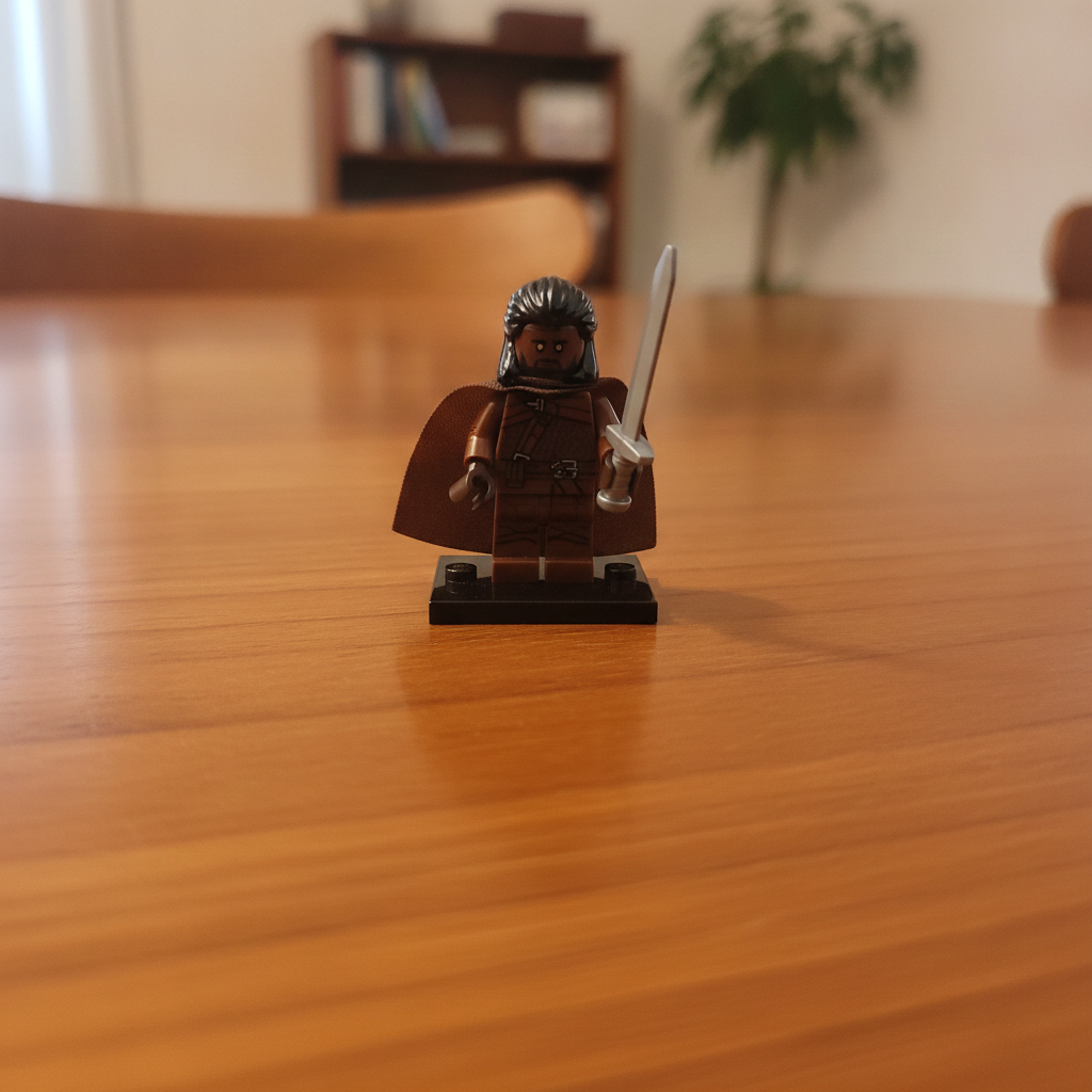 LEGO Marvel Heimdall - LEGO figure of a character with armor and a sword on a wooden table