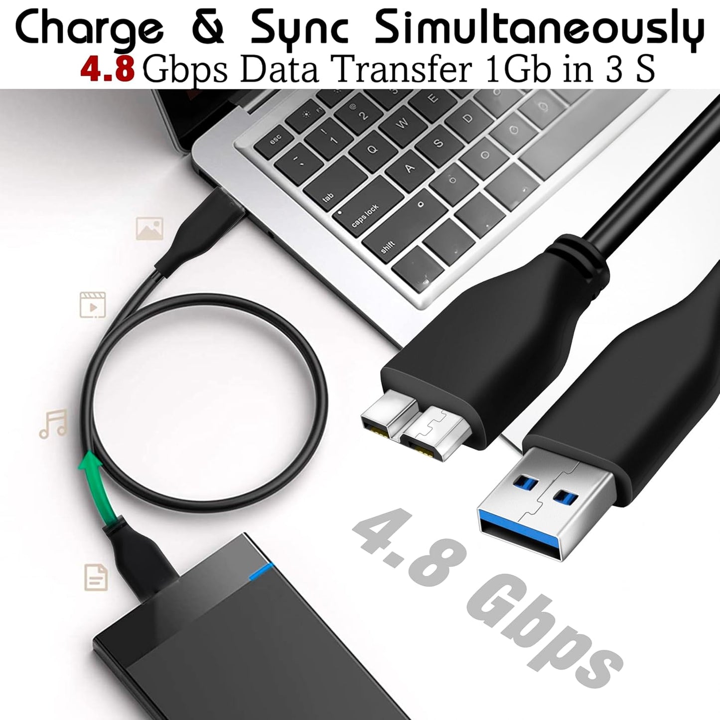 🔌 Micro B Cable – USB 3.0 A Male to Micro USB 3.0 (4.8Gbps)