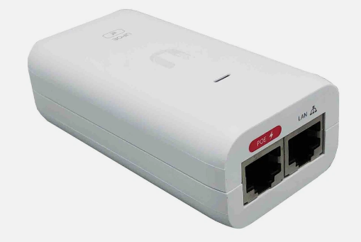 A white dual-port Ethernet switch with RJ45 ports, featuring a red 'POE+' label, on a light gray background.