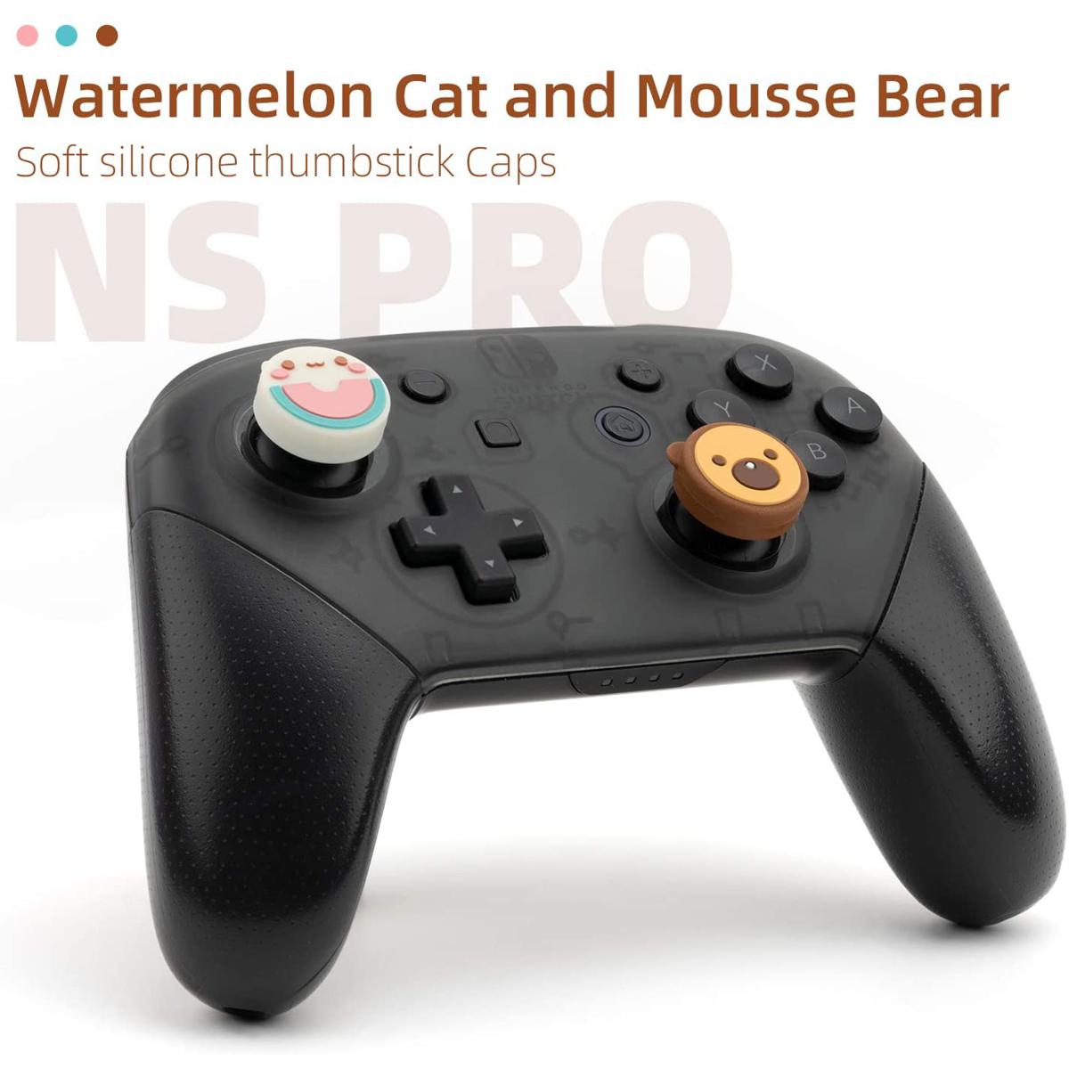 Cute Animal Theme PS4 Controller Thumb Grips, Thumbsticks Cover Set Compatible with Switch Pro Controller and PS4 Controller, 4Pcs Watermelon Cat and Mousse Bear