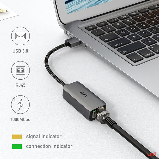 USB to Ethernet Adapter, uni Driver Free USB 3.0 to 100/1000 Gigabit Ethernet LAN Network Adapter, RJ45 Internet Adapter Compatible with MakBook, Surface, Notebook PC with Windows, XP, Vista, Mak/Linux