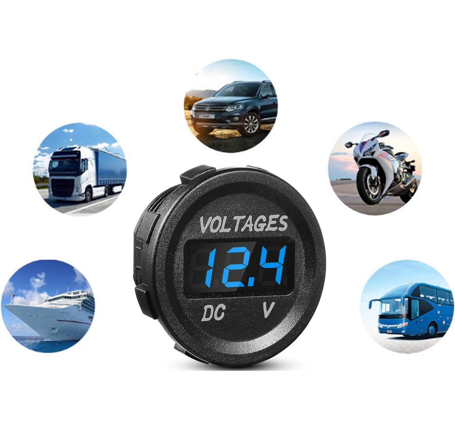 DC 12V Car Voltage Gauge LED Display Waterproof Voltmeter Digital Round Panel Voltmeter Compatible with Vehicle Motorcycle Truck Camper ATV UTV Car Boat Marine (Blue Digital)