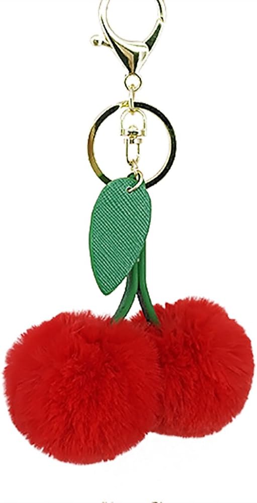 Cute Cherry Faux Pom Pom Soft Fluffy Ball Key Chain Car Keying Bag Wallet Pendant Ornament (Red)