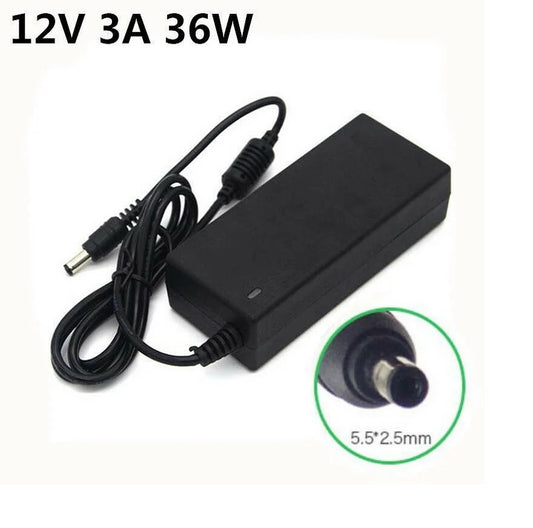 A 12V 3A 36W black power adapter with a coiled black cable and a circular inset showing a 5.5*2.