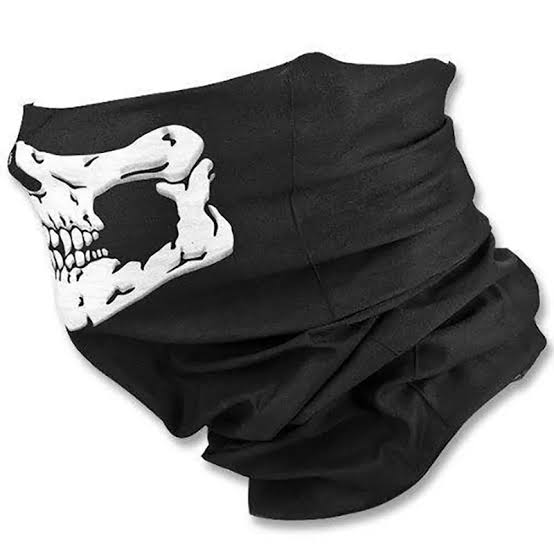 Black neck gaiter with a white skull design, bike riding mask Pakistan, on a white background.