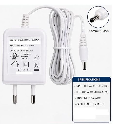 5V 2000mA Switching Power Supply Adapter 100-240V AC to DC | 3.5mm DC Jack | 2 Meter Cable | High Efficiency Charger