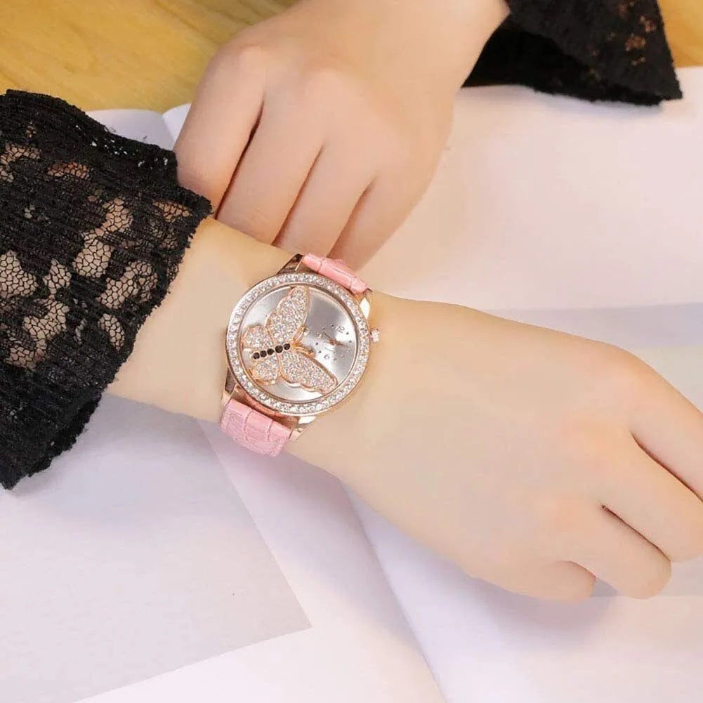 Round Butterfly Rhinestone Faux Leather Band Analog Women Quartz Wristwatch