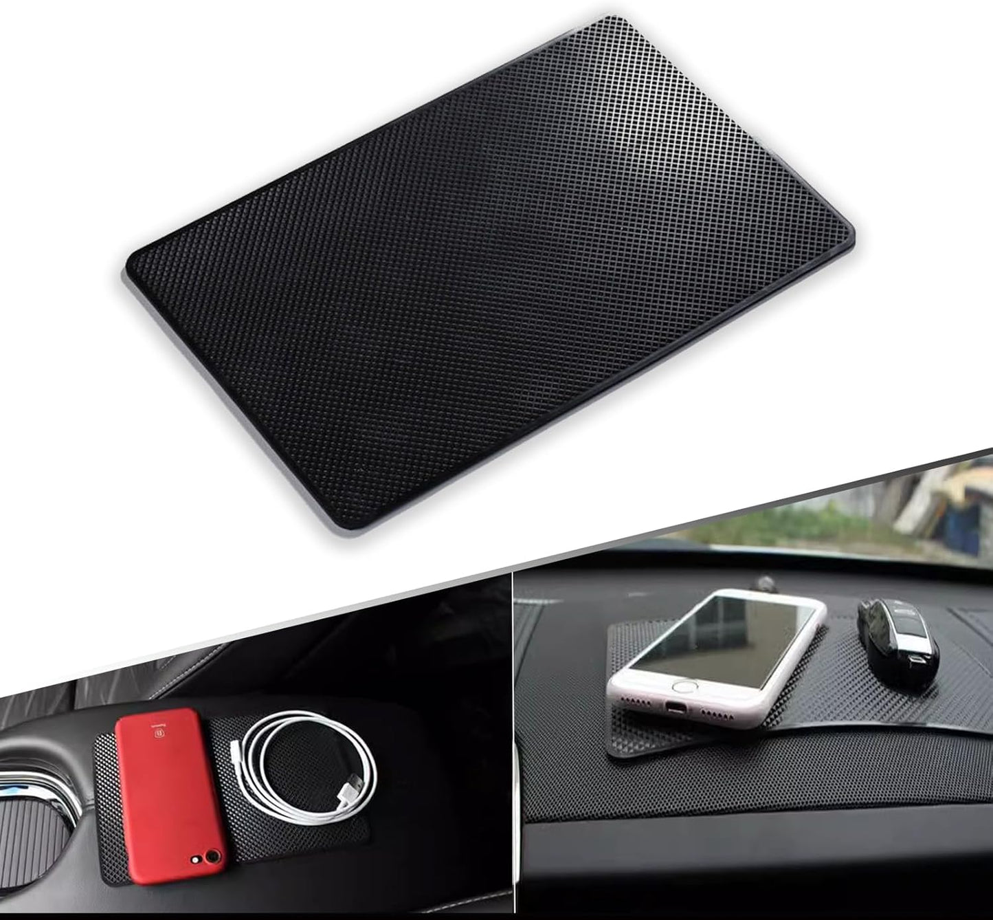 1 PC Car Dashboard Anti-Slip Mat, 18 cm x 13 cm Grid PU Strong Adhesive Mat, Multi-Functional Storage Fixing Pad for Mobile Phone Sunglasses Keys and Coins, Universal Car Accessories (Black)
