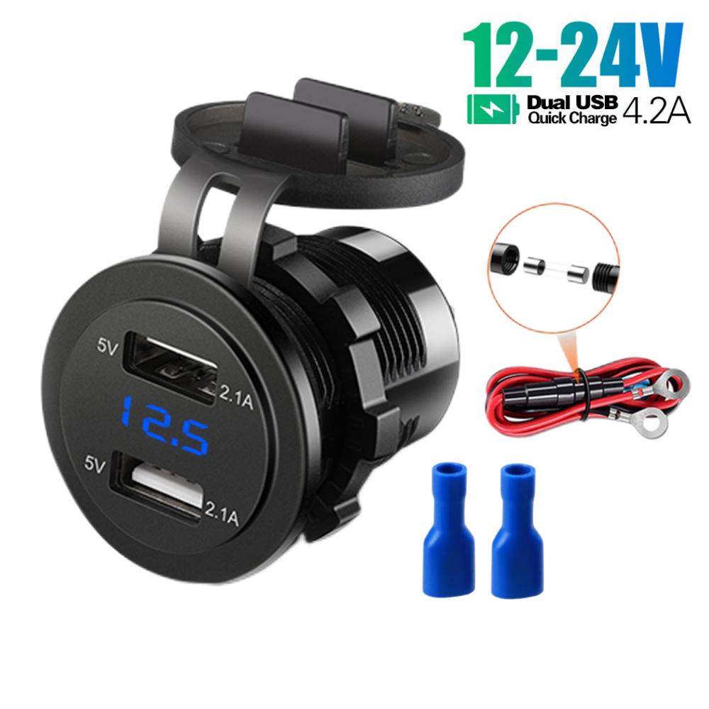 Dual USB 4.2A Car Boat Motorcycle Tractor Lighter Socket Modified Car Charger Fast Charge with Voltage Display Blue Light 12-24V Universal