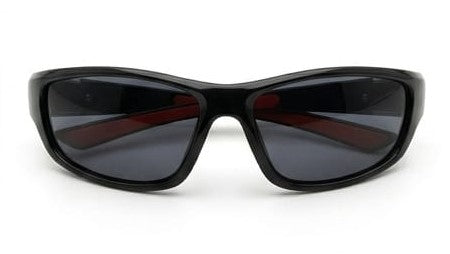stylish sunglasses with black frame and dark lenses on white background