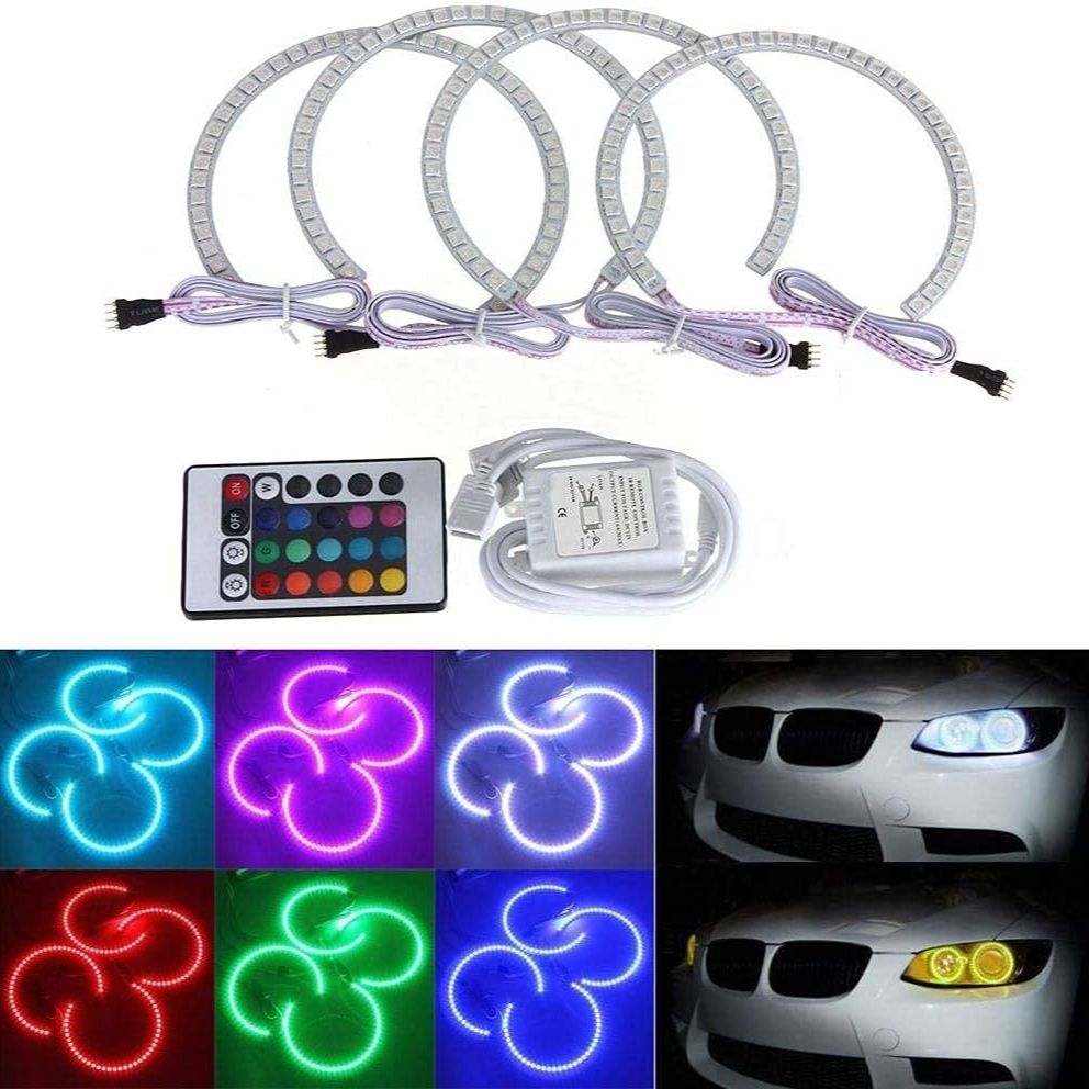 4 PCS 131MM RGB LED Angel Eye Halo Rings for BMW E46 E38 E39 3/5/7 Series – 5050 SMD Multi-Color Headlight Kit with IR Remote Control (16 Colors)