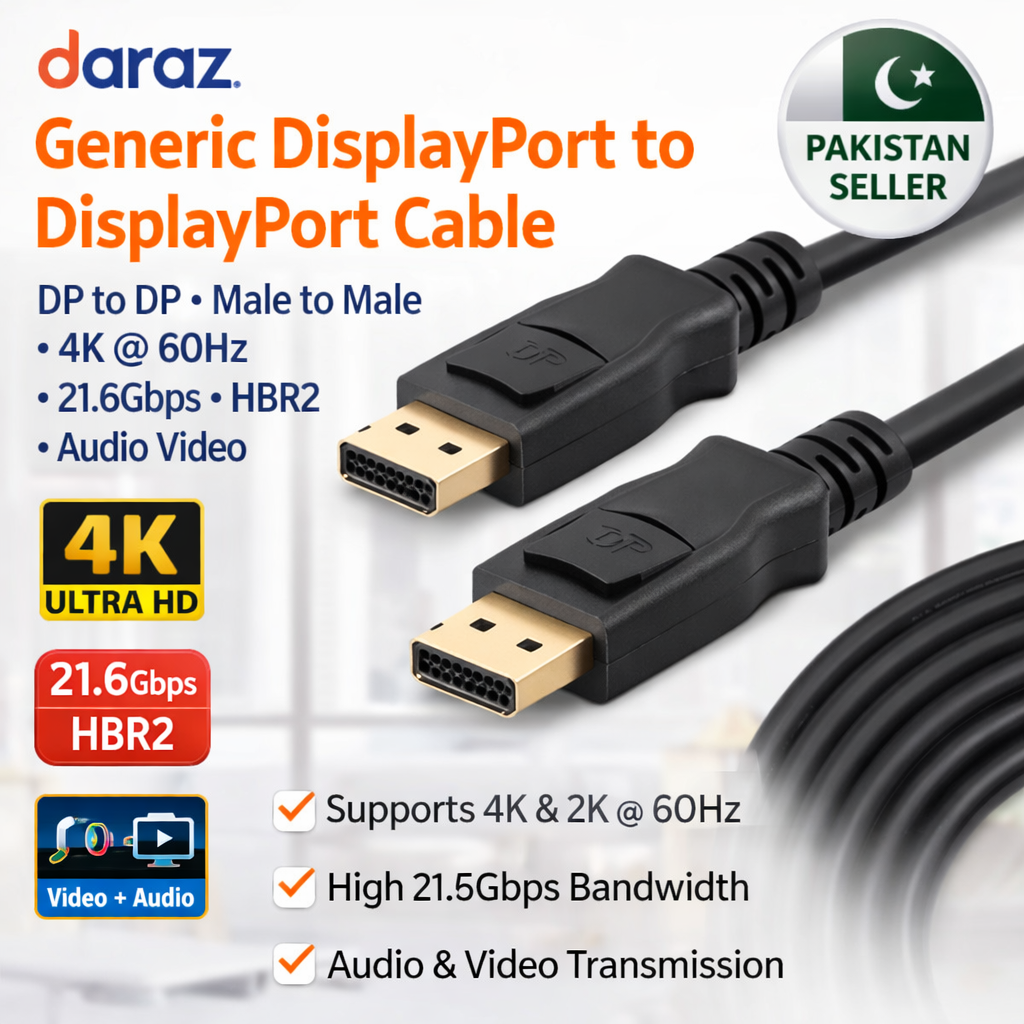 Generic DisplayPort to DisplayPort Cable DP to DP Male to Male 21.6Gbps HBR2 4K @60Hz Audio Video Black