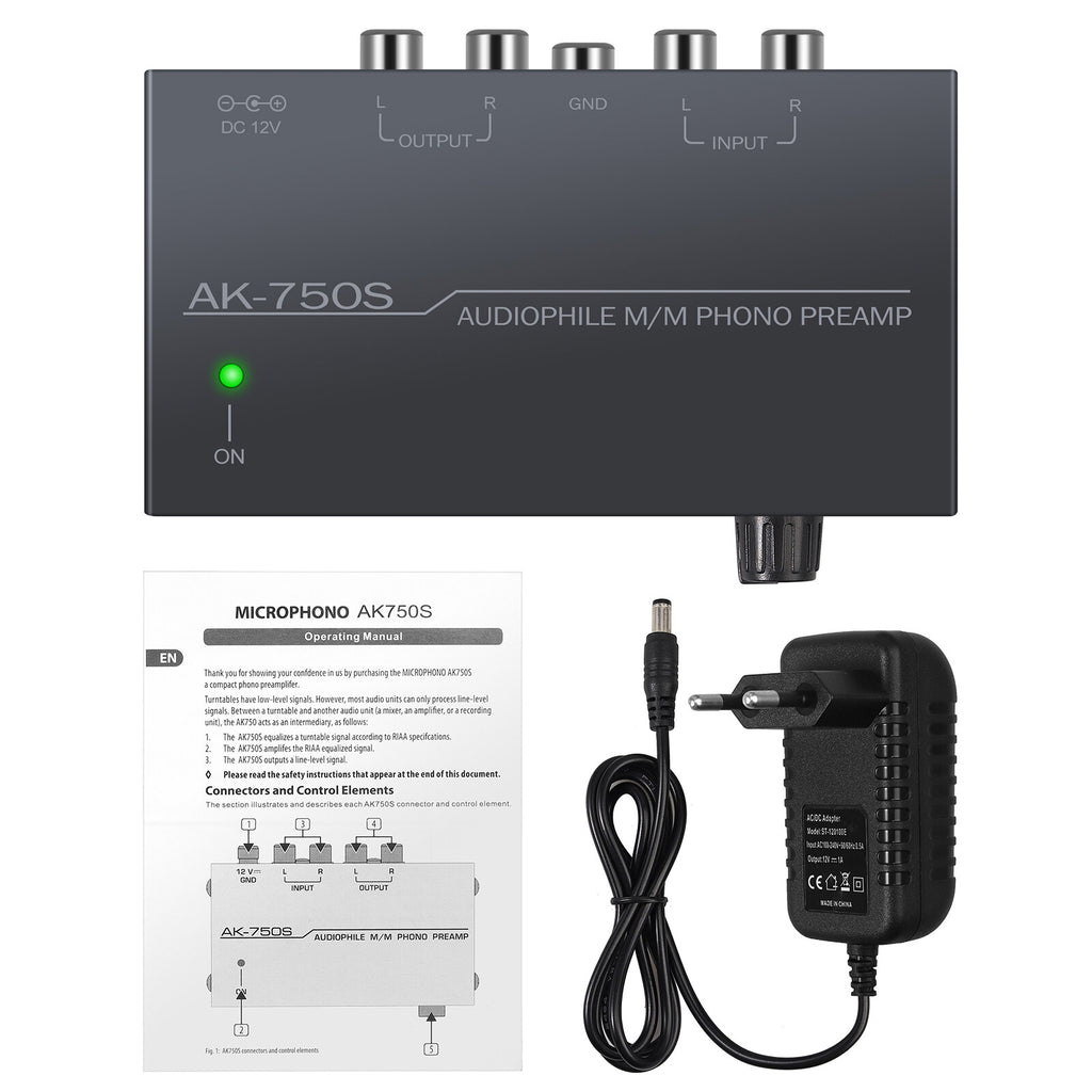 Generic Phono Preamp, AK-750S Audio Fan M/M Phono Preamp Amplifier, Level Control Preamp Amplifier RCA Input Output Interface US/EU Plug Adapter European Regulations