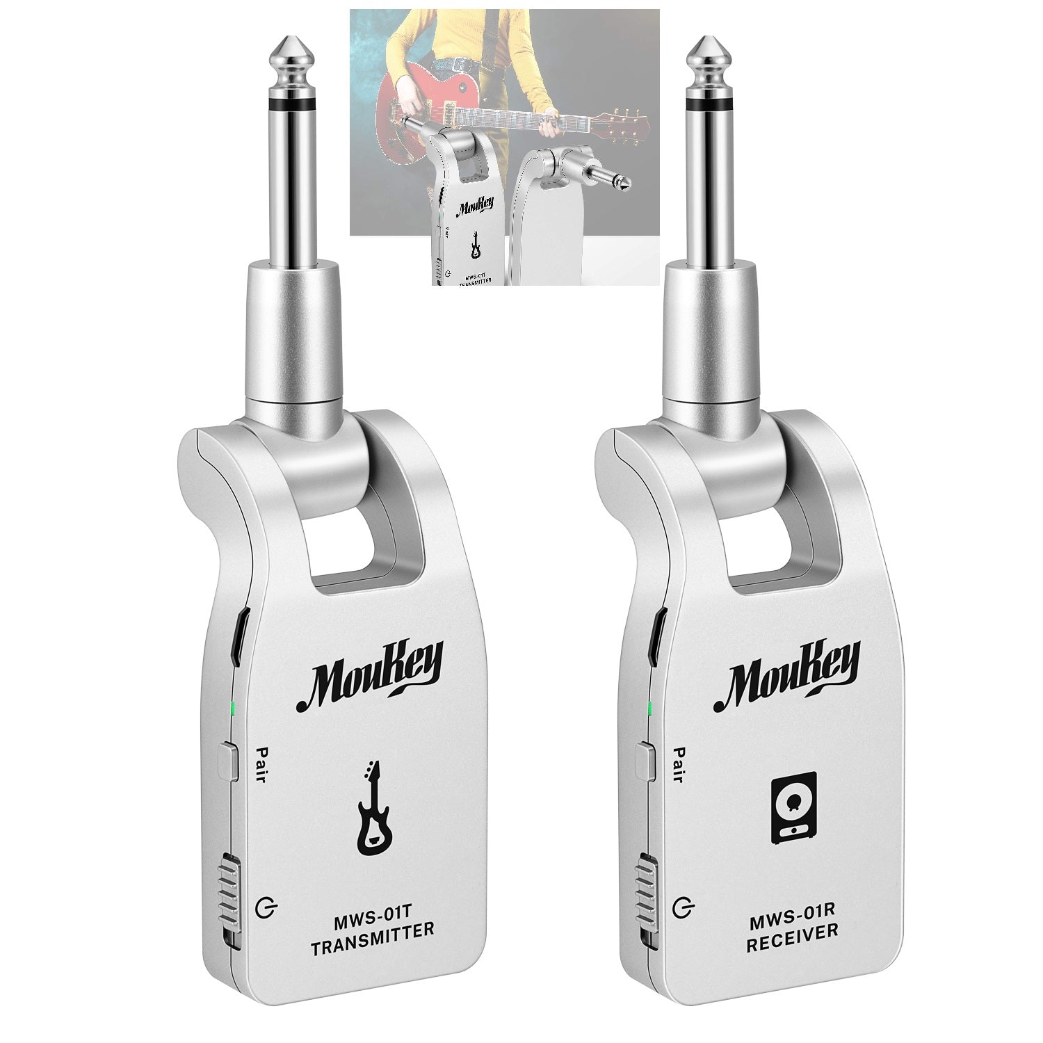 Moukey Wireless Guitar Transmitter Receiver，2.4GHZ Wireless Guitar System Rechargeable Battery Support 6 Channels for Electric Guitar Bass acoustic guitar Bass (Silver) - MWS-01