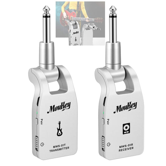 Moukey Wireless Guitar Transmitter Receiver，2.4GHZ Wireless Guitar System Rechargeable Battery Support 6 Channels for Electric Guitar Bass acoustic guitar Bass (Silver) - MWS-01