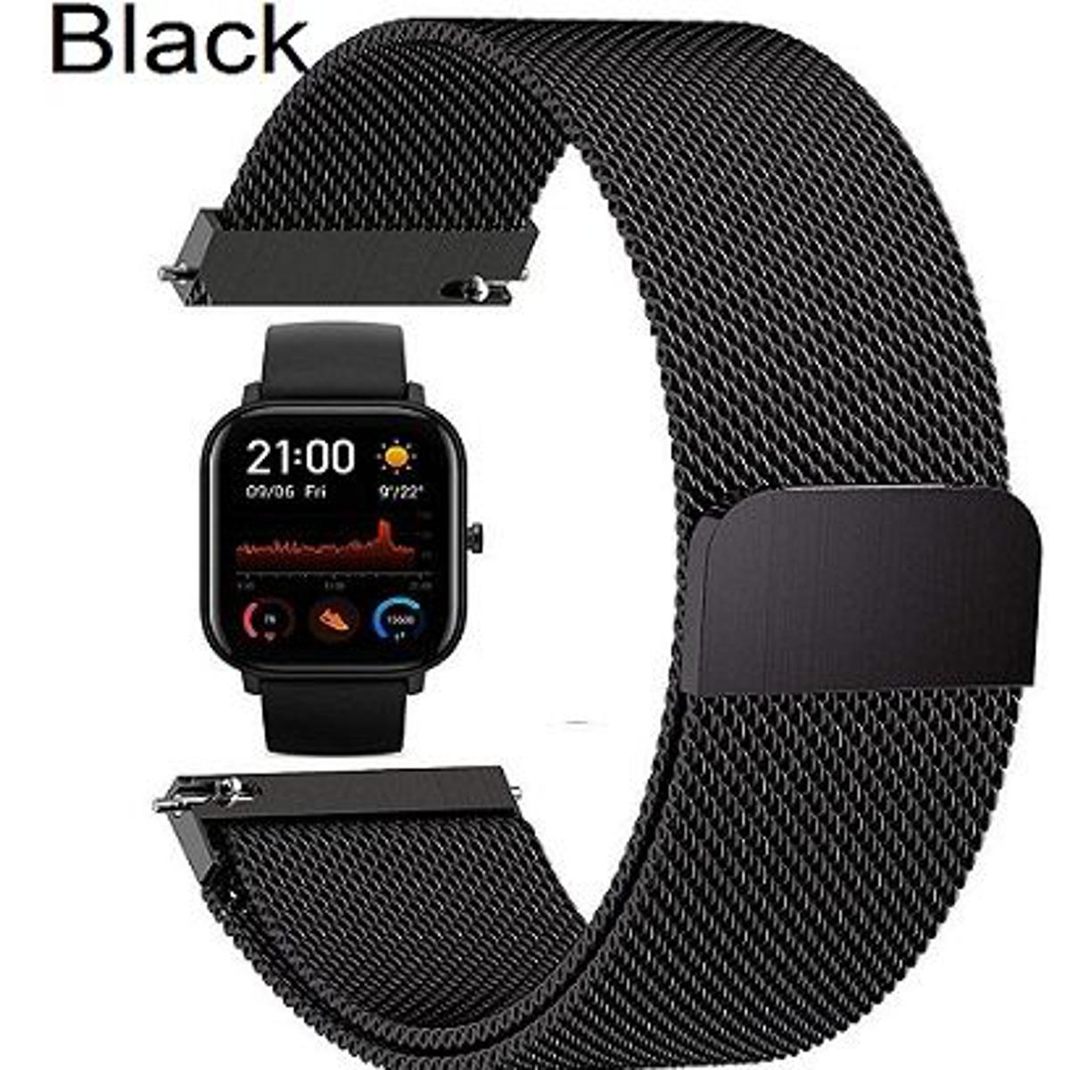 ⌚ 20mm Stainless Steel Strap for Amazfit Smart Watches  Milanese Loop | Magnetic Lock | Black | With Pins