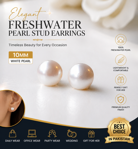 White Freshwater Pearl Stud Earrings 10mm for Women & Girls – Elegant Fashion Jewelry