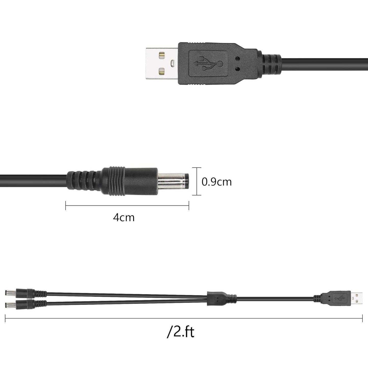 2 Ft USB to Dual DC Splitter Cable 5V – USB to 2 DC 5.5x2.1mm Barrel Jack Power Cable for Router, LED Light, Fan & Small Appliances