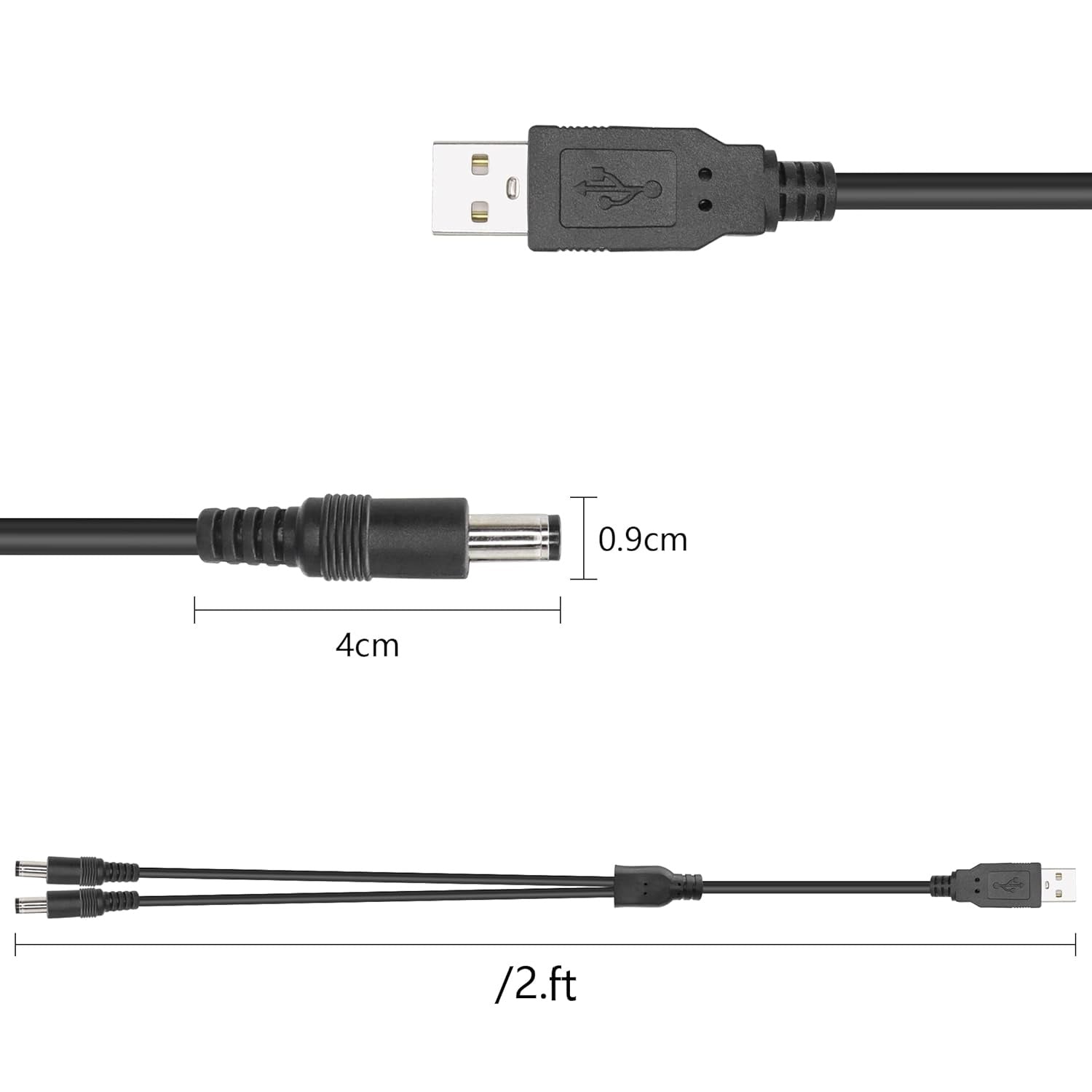 2 Ft USB to Dual DC Splitter Cable 5V – USB to 2 DC 5.5x2.1mm Barrel Jack Power Cable for Router, LED Light, Fan & Small Appliances