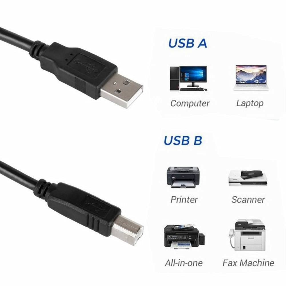 USB Printer Cable, USB 2.0 A to B Lead. Compatible with printers and scanners and all other USB A/B devices, Black USB Cable