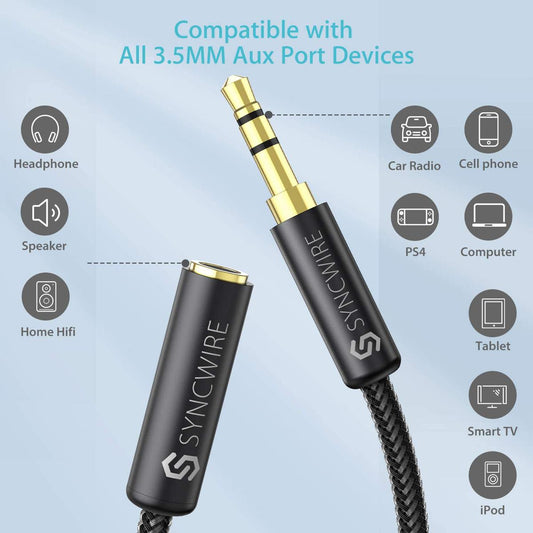 3.5mm Male to Female Stereo Audio Extension Cable Heavy Duty [Hi-Fi Sound] [Gold Plated Jack] Nylon-Braided AUX(1m)