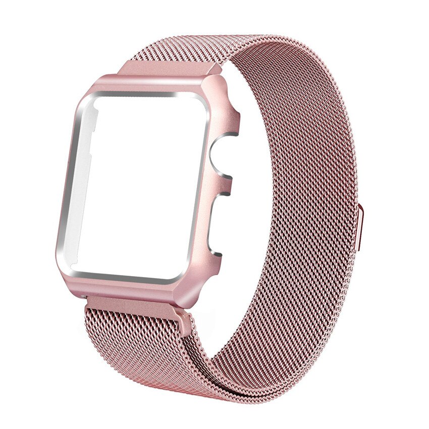 Compatible for i Watch Band Milanese Loop, Stainless Steel Magnetic Band with Metal Case for iWatch Series 1/2/3 - Shockproof Protective Bumper Replacement Strap(38mm Rose Gold)