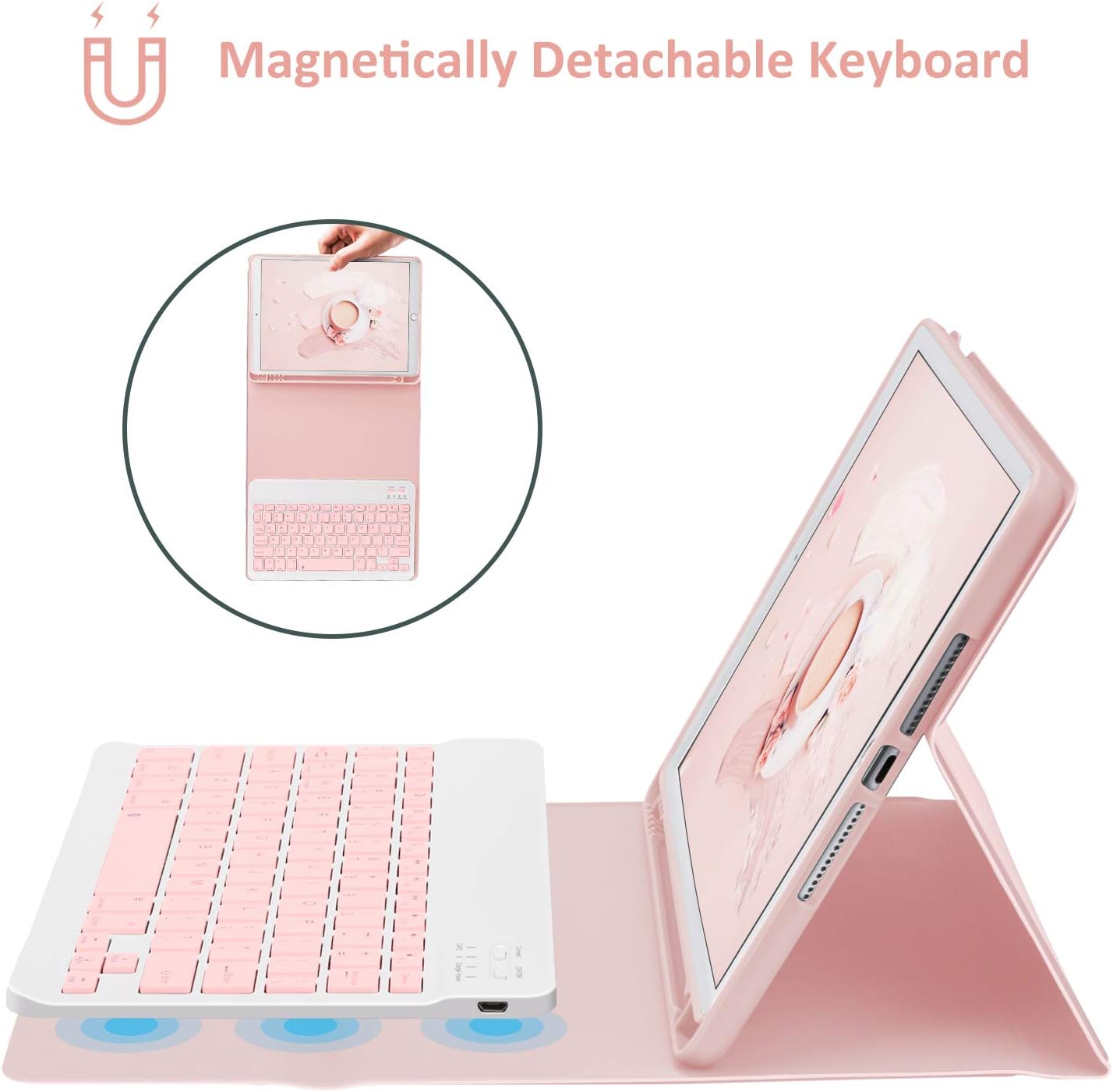 Keyboard & Case for Apple Tab 9th Generation 2021/2020/2019 10.2 inch Wireless Keyboard & Cover with Pencil Holder, 7th / 8th Generation Bluetooth Key board with Magnetic Detachable-Pink color (Tab not included)