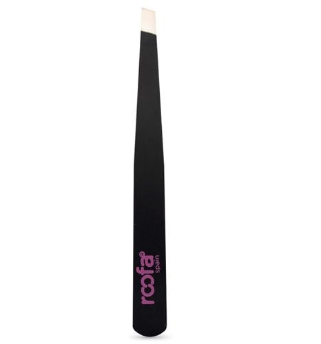Roofa Spain Deluxe Slant Tip Tweezer Black Stainless Steel Tweezers | Professional Slant Tip For Eyebrows splinter removal, ingrown hair handling | Extra Sharp Hair Removal Tool | For Eyebrow Shaping | For Men And Women