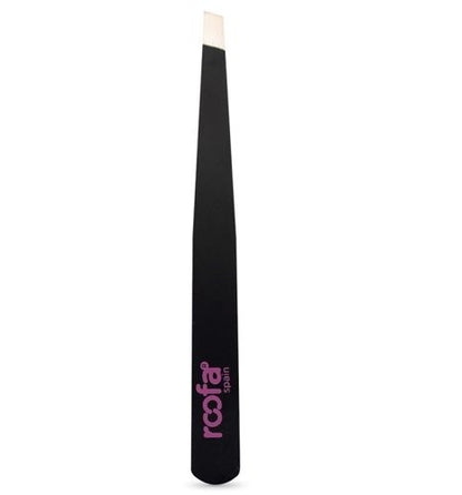 Roofa Spain Deluxe Slant Tip Tweezer Black Stainless Steel Tweezers | Professional Slant Tip For Eyebrows splinter removal, ingrown hair handling | Extra Sharp Hair Removal Tool | For Eyebrow Shaping | For Men And Women