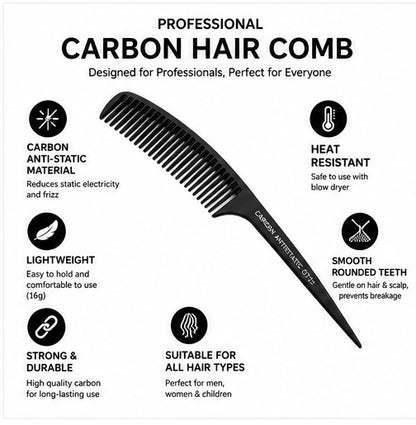 A black carbon hair comb is shown on a white background with feature callouts and icons reading 'Professional Carbon Hair Comb' and listing benefits such as carbon anti-static material, heat resistant, lightweight, strong and durable, and smooth rounded teeth.
