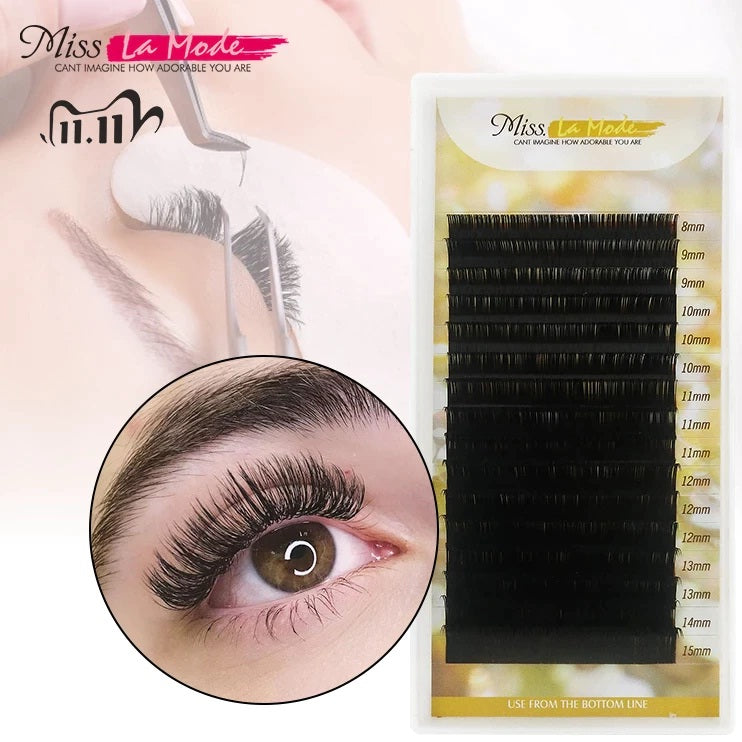 Misslamode All Size Mink Eyelashes 8-15mm Mix Individual Eyelashes 16rows Russian Volume Eyelashes Extension Curl: C  Thickness: 0.10  Length: 8mm - 15mm  Color: Black  16 Row